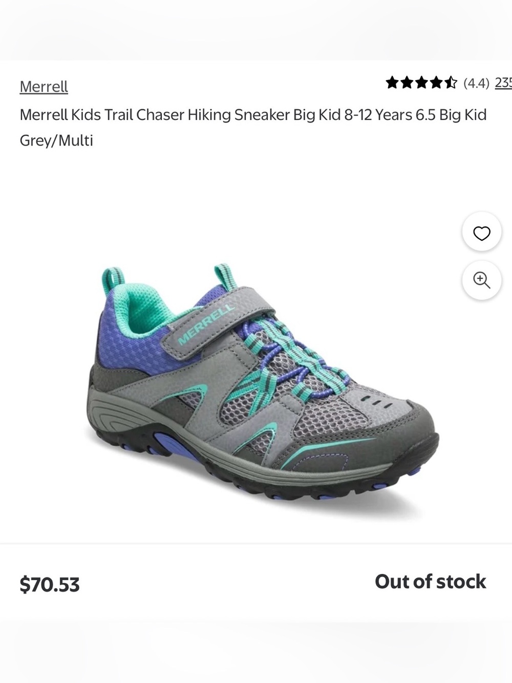 Merrell Kids Trail Chaser Hiking Sneaker in Gray with Teal and Purple Accents